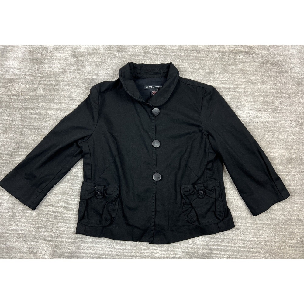 Larry Levine Jacket Womens M Black Stretch Button Front Bow Pocket 3/4 Sleeve